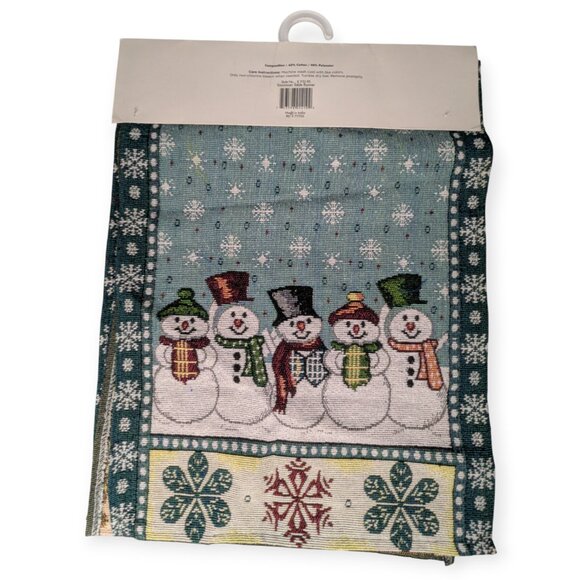 NWT Holiday Style Blue & White Snowman Tapestry Rectangle Table Runner 13" x 70" - Picture 7 of 10